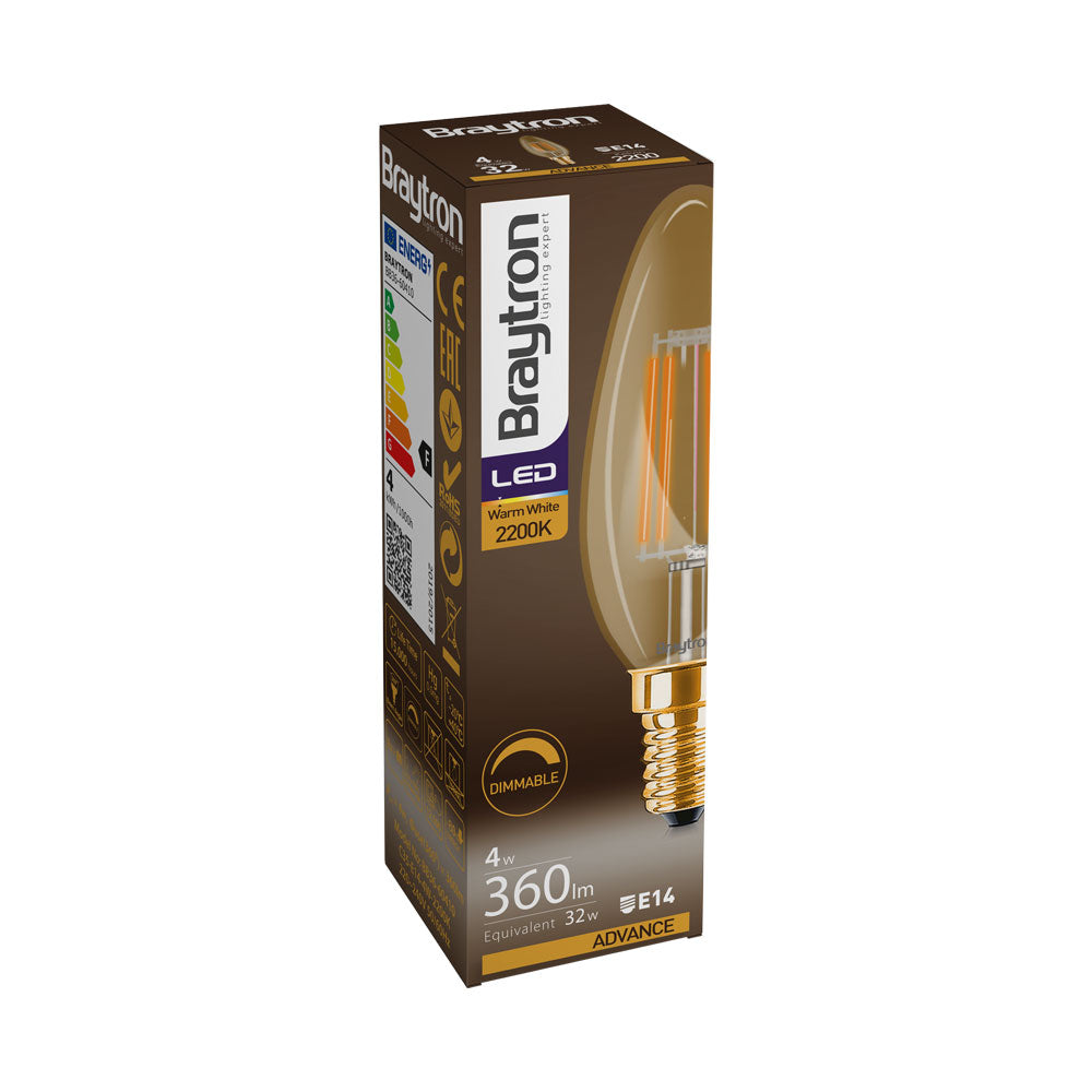 Braytron LED E14 4W Retro Leuchtmittel AMB 2200K Warmweiß Kerzenform Dimmbar Glas Filament