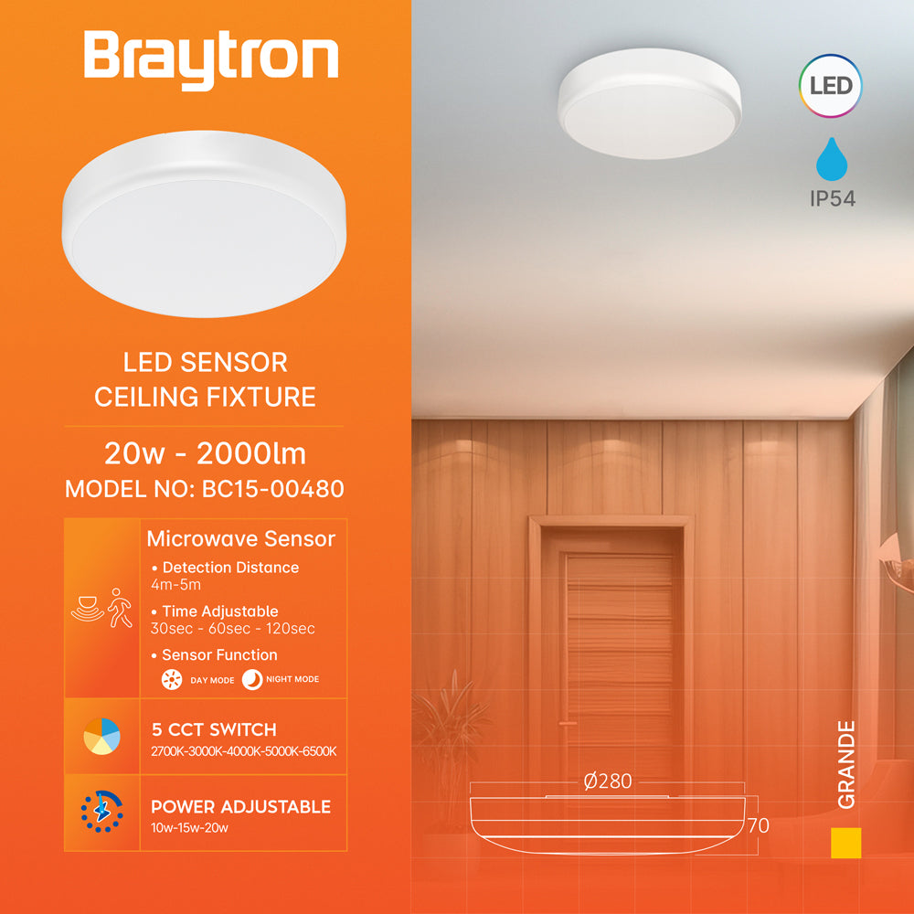 Braytron LED Deckenleuchte Wandleuchte Bewegungsmelder Farbwahl 5CCT 10W 20W IP54 Außen und Innenbereich