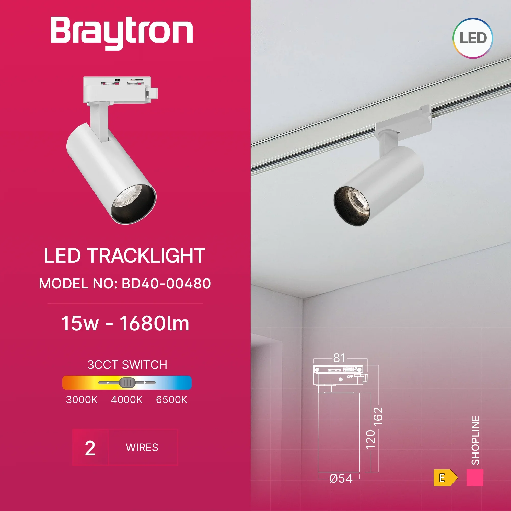 Braytron LED-Schienenstrahler 15W 3CCT 1-Phasen dreh-/schwenkbar – Weiß