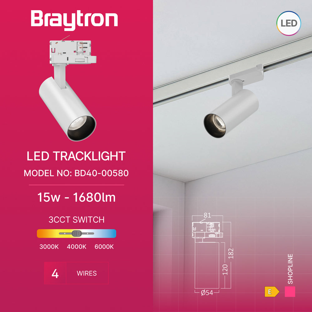 Braytron 3-Phasen LED Schienenstrahler 15W 3CCT 3000-6000K weiß dreh- und schwenkbar Spot