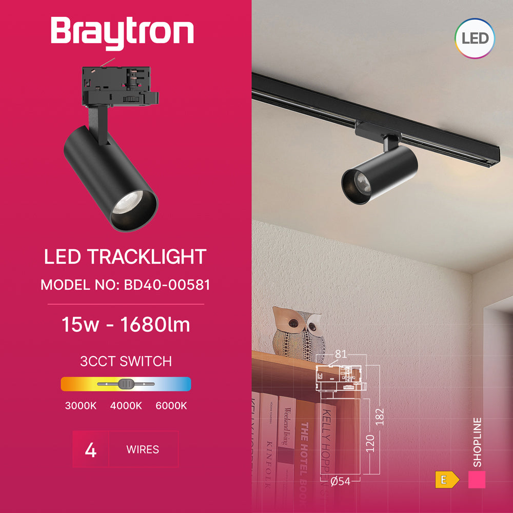 Braytron 3-Phasen LED Schienenstrahler 15W 3CCT 3000-6000K schwarz dreh und schwenkbar Spot