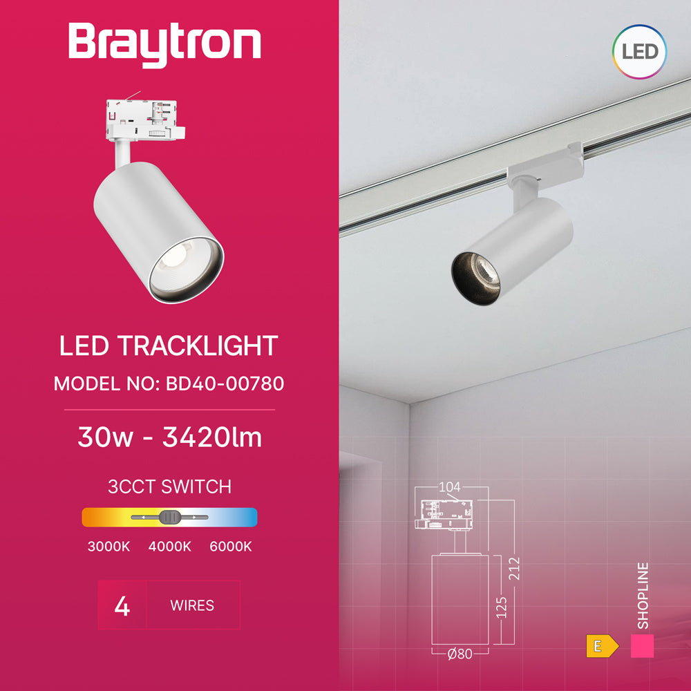 Braytron 3-Phasen LED Schienenstrahler 30W 3CCT 3000K-6000K Weiß dreh- und schwenkbar