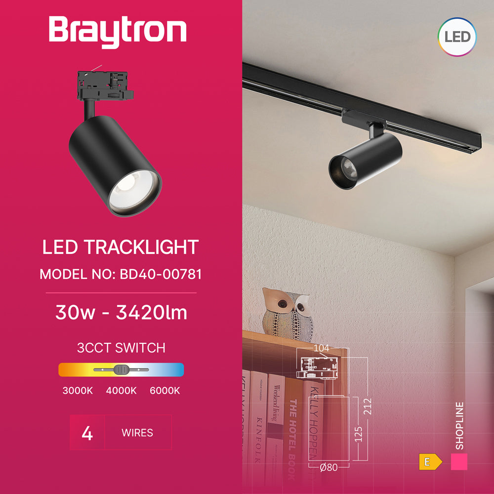 Braytron 3-Phasen LED Schienenstrahler 30W 3CCT 3000K-6000K Schwarz dreh- und schwenkbar