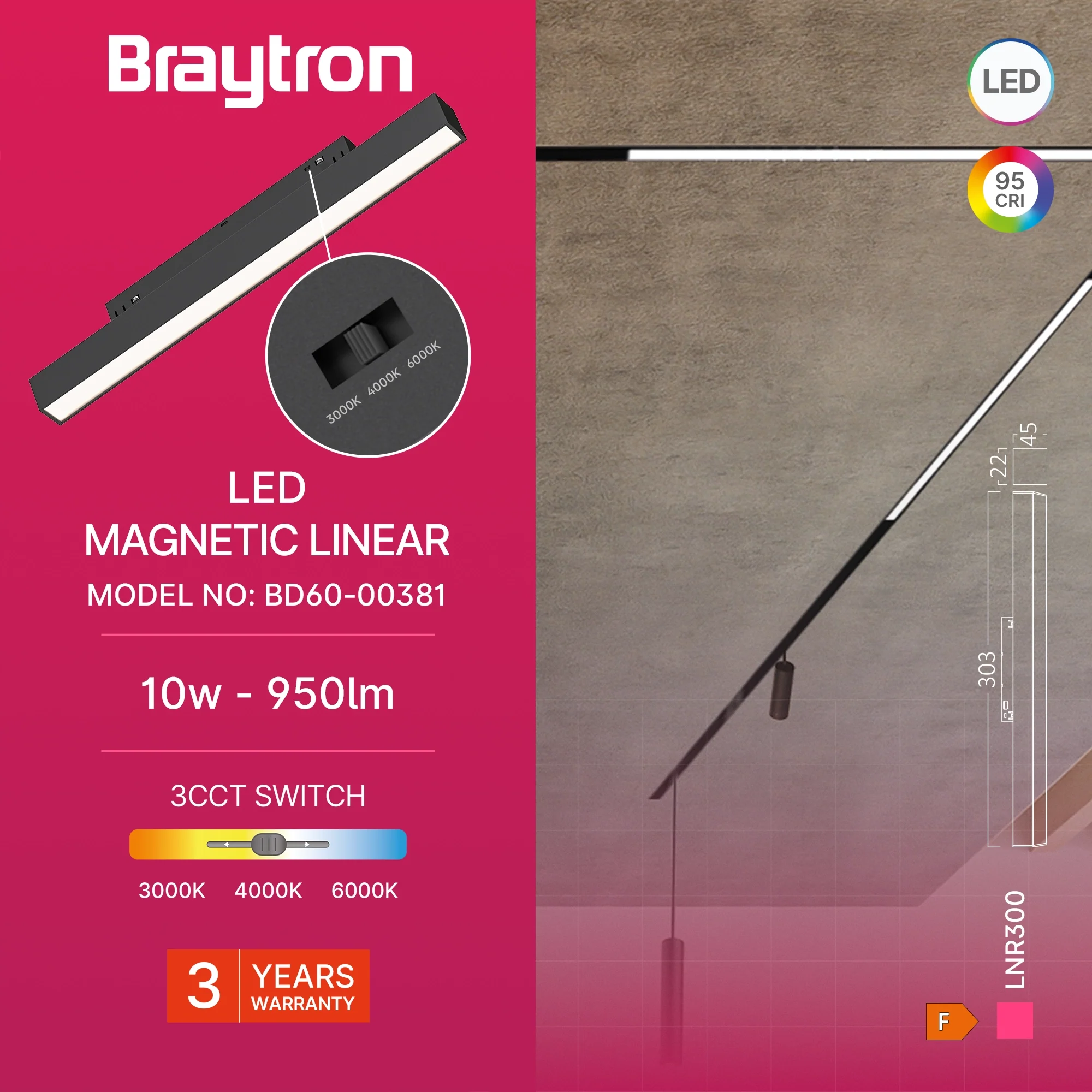 Braytron LED Magnet-Schienenleuchte 48V Linear 10W 3CCT 120° – 30 cm, Schwarz
