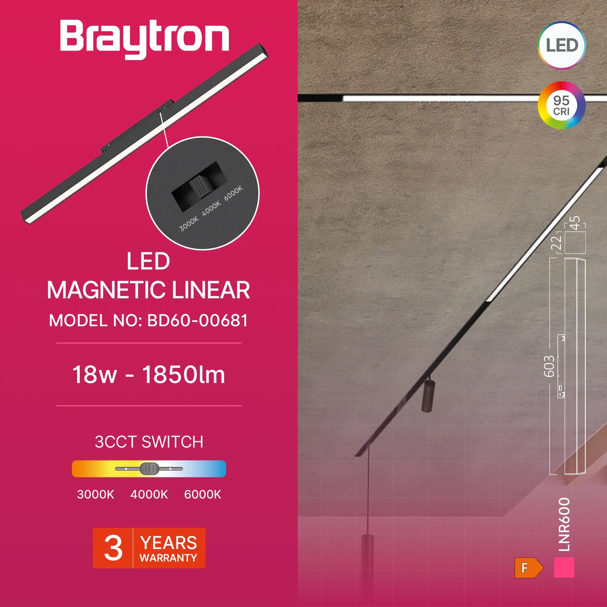 Braytron LED Magnet-Schienenleuchte 48V Linear 18W 3CCT 120° – 60 cm, Schwarz