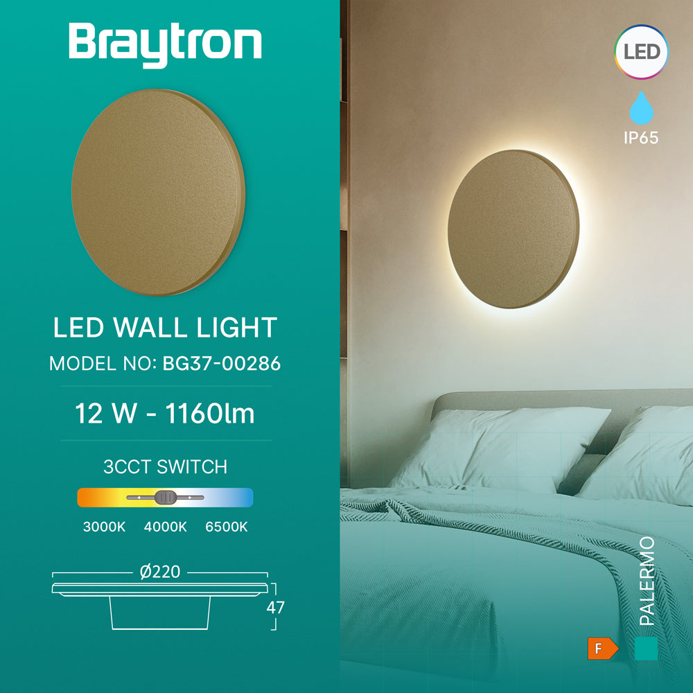 Braytron LED 12W Wandleuchte Designer Wandlicht Rund Gold indirekte Beleuchtung IP65 3in1 3000-6500K
