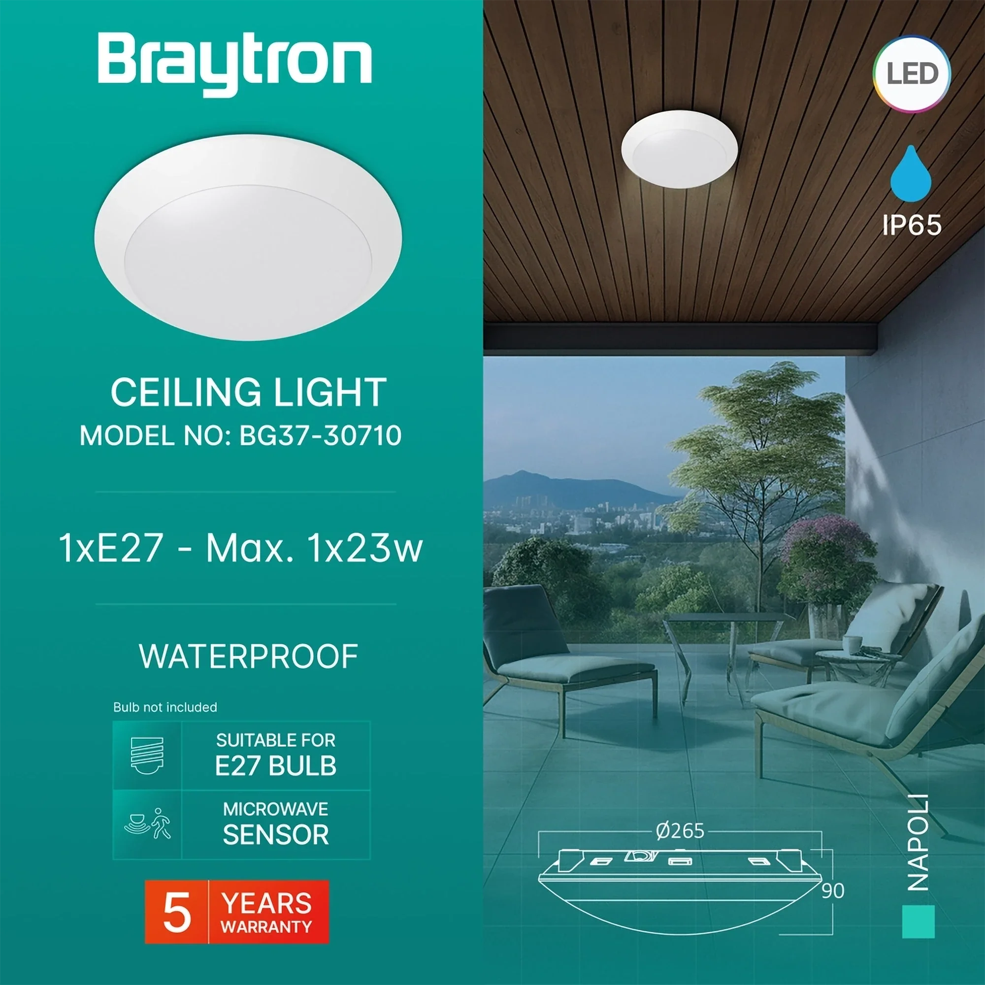 Braytron Außen-Deckenleuchte IP65 Ø265 mm E27 mit Sensor – Weiß