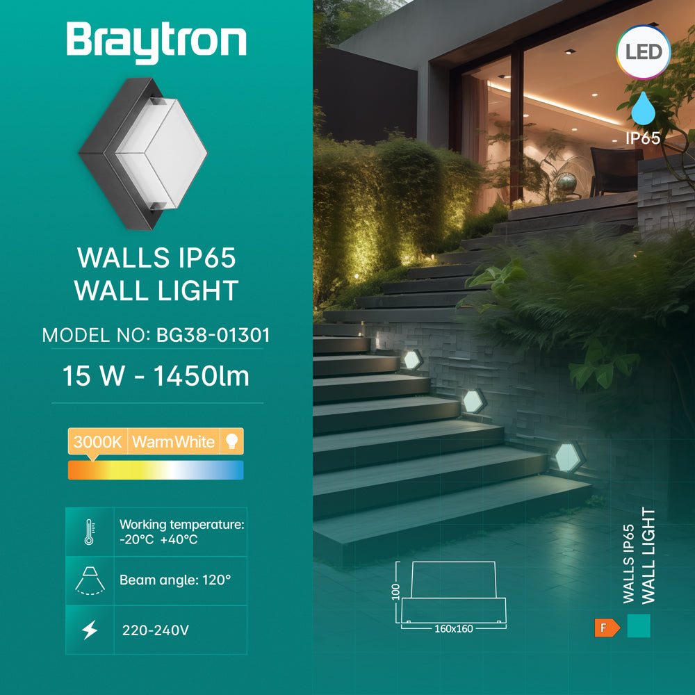 Braytron LED 15W Eckig Wandleuchte Außenwandleuchte Balkon Eingang Treppenhaus 3000K warmweiß schwarz IP65