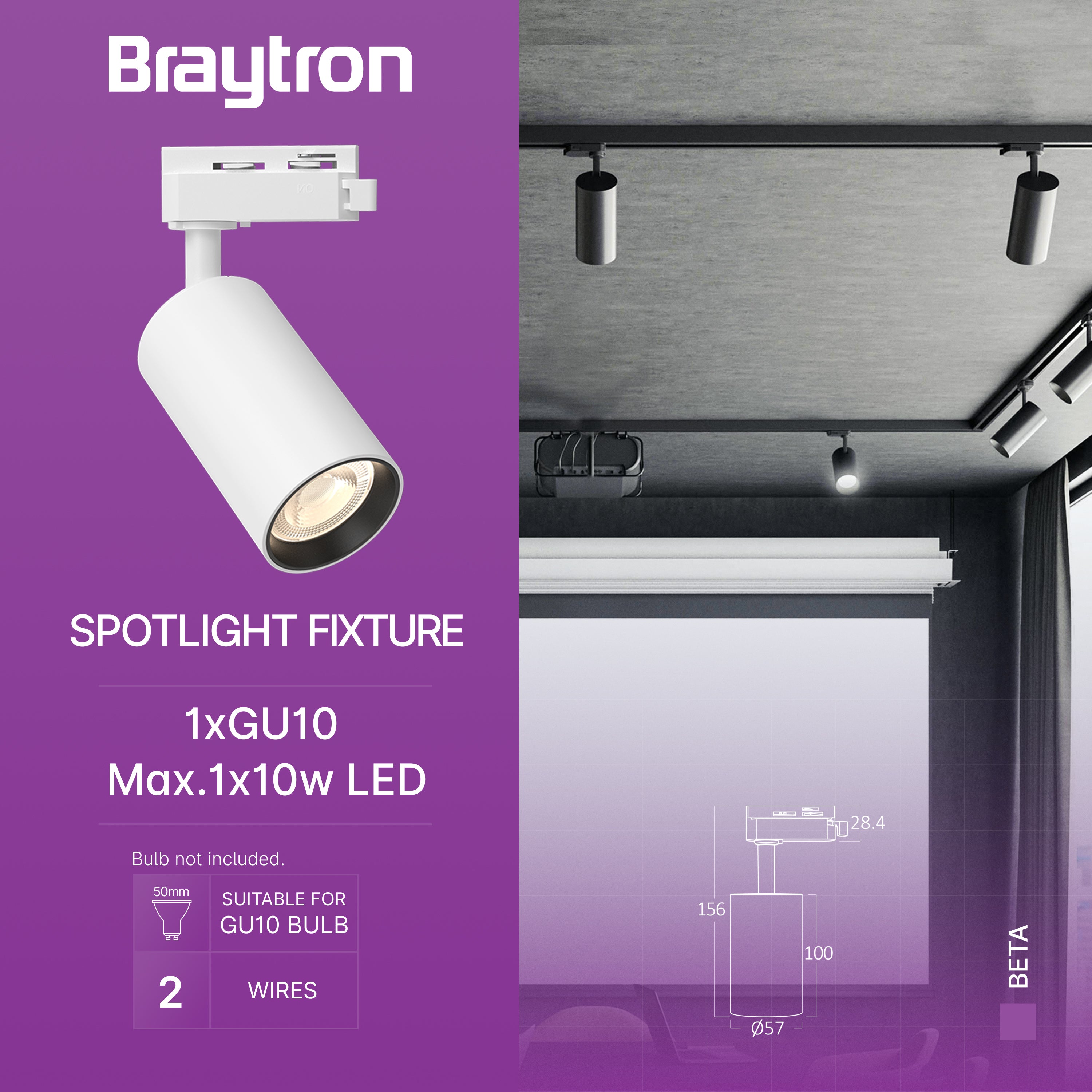 Braytron LED GU10 Schienenstrahler 1-Phasen-System, schwenkbar & drehbar Weiß max. 10W Track Light