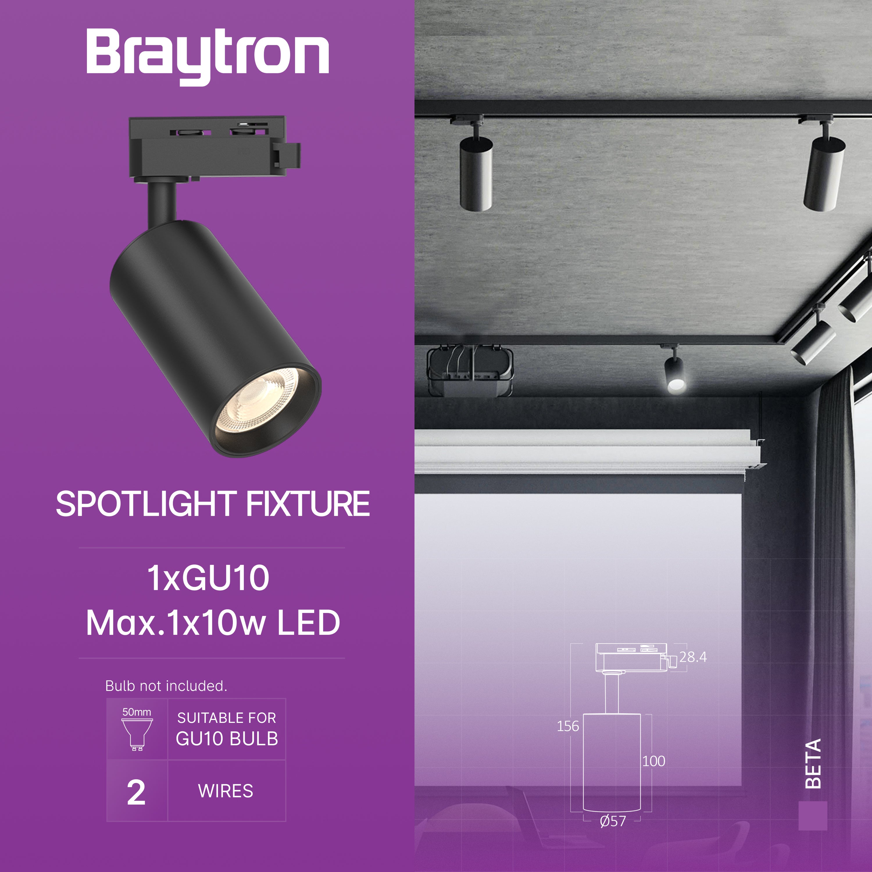 Braytron LED GU10 Schienenstrahler 1-Phasen-System, schwenkbar & drehbar Schwarz max. 10W