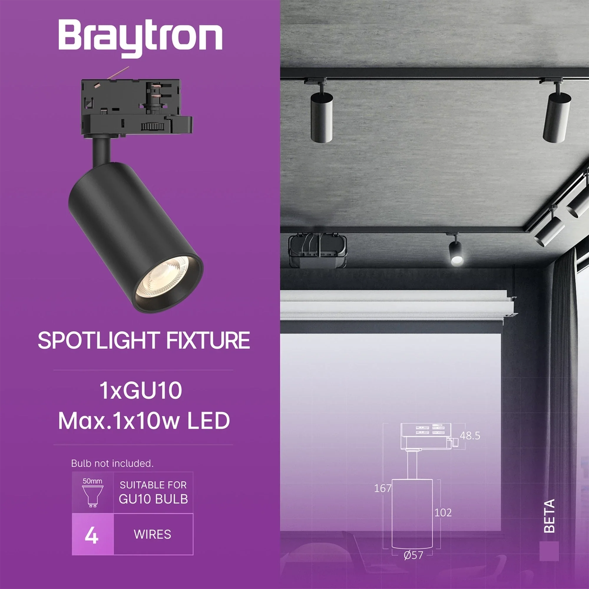 Braytron LED Schienenstrahler GU10 für 3-Phasen-Schiene, dreh- und schwenkbar – Schwarz