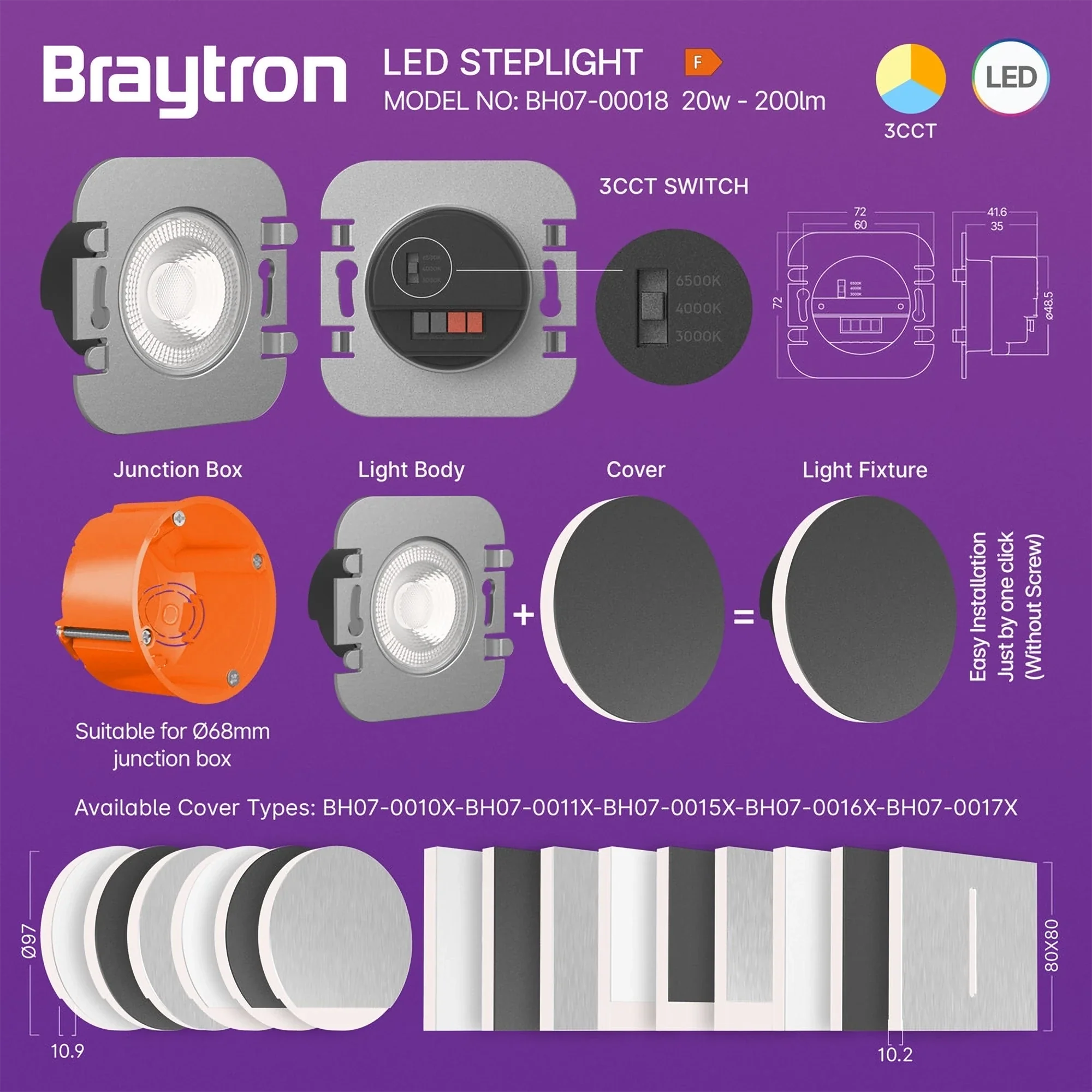 Braytron LED Treppen- und Stufenleuchte 2W 3CCT Wandeinbau IP20 – Silber