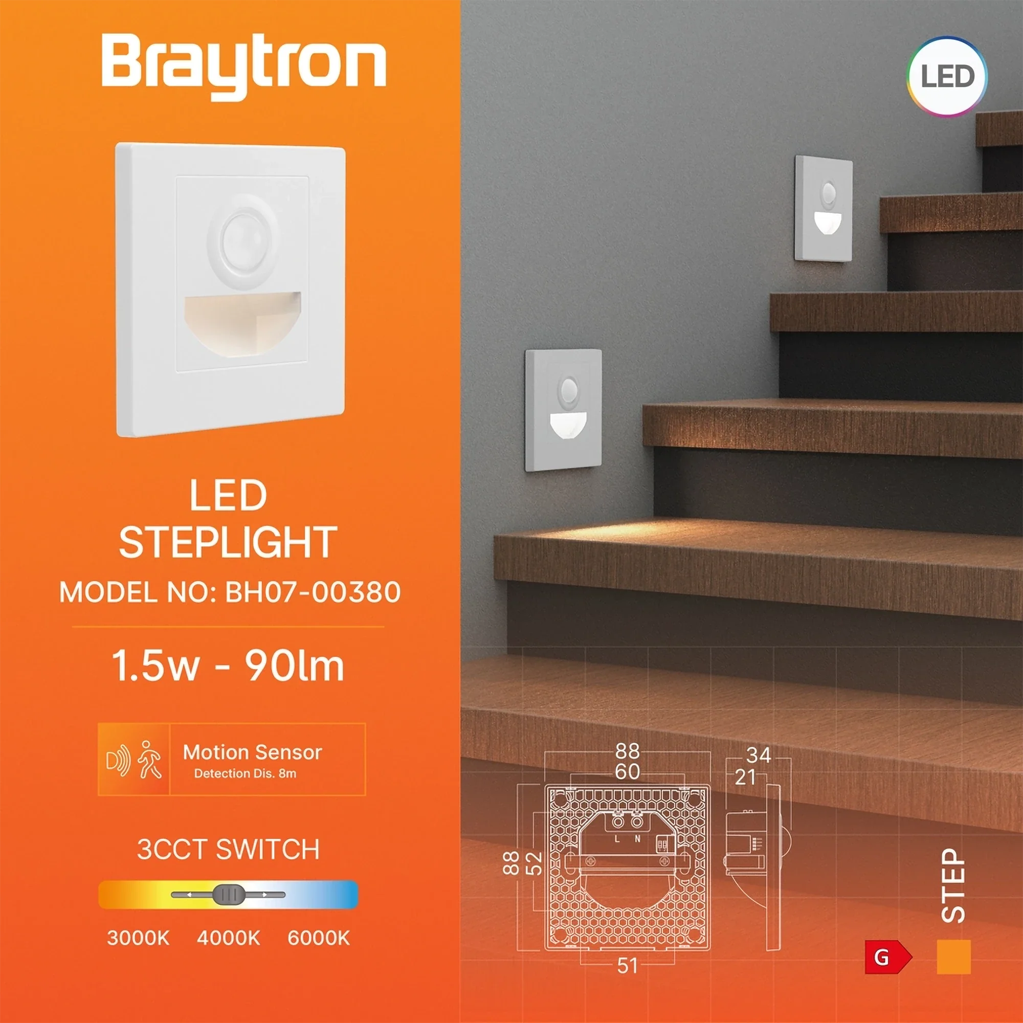 Braytron LED Treppenleuchte 1,5W 3CCT mit Bewegungsmelder, quadratisch – Weiß