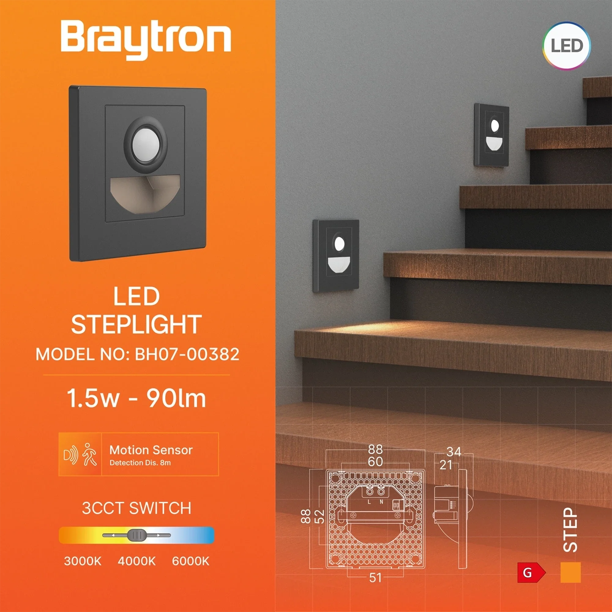Braytron LED Treppenleuchte 1,5W 3CCT mit Bewegungsmelder, quadratisch – Dunkelgrau