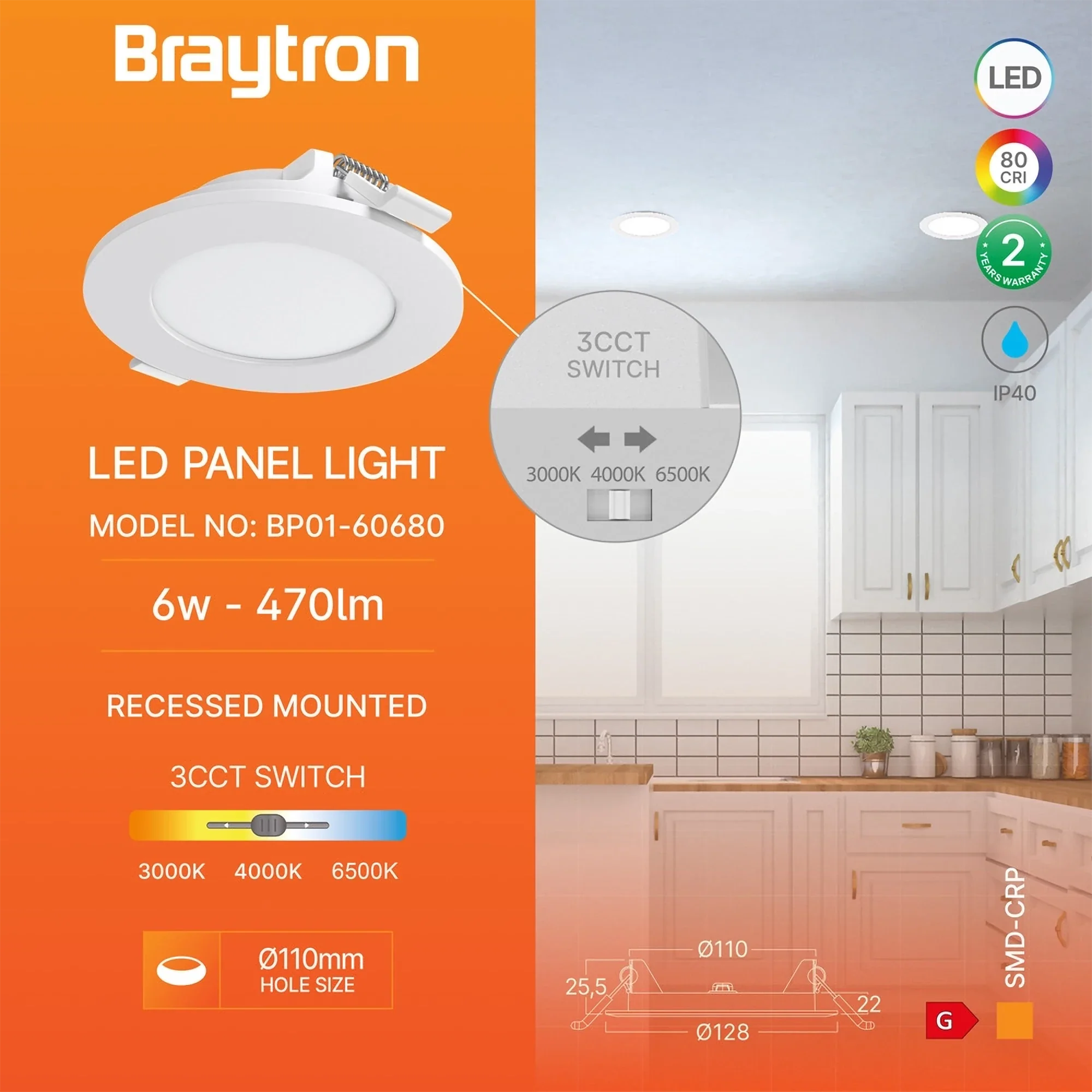 Braytron LED Einbaupanel 6W 3CCT 470 lm Ø128 mm flach – Weiß