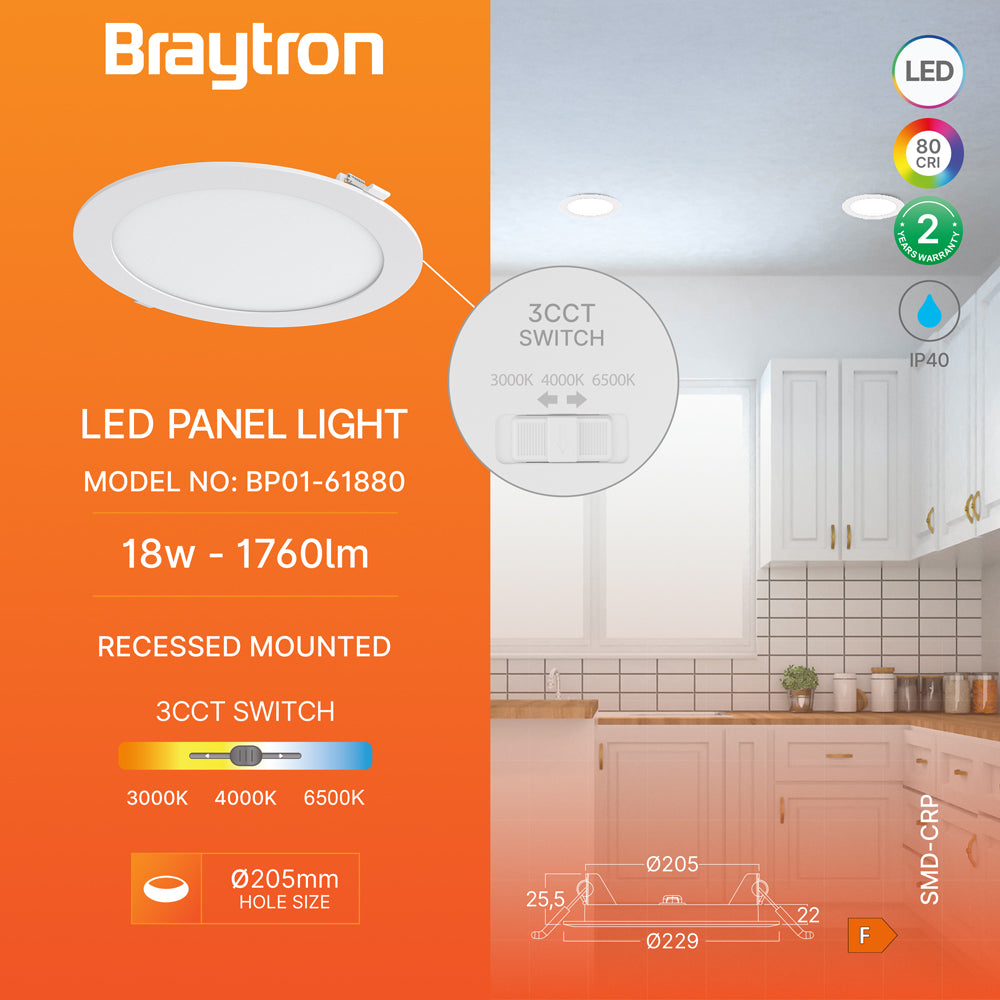 Braytron Ultraslim LED Einbaustrahler 18W Weiß Ø229mm | 1760 Lumen | 3CCT 3000K/4000K/6500K | 26mm
