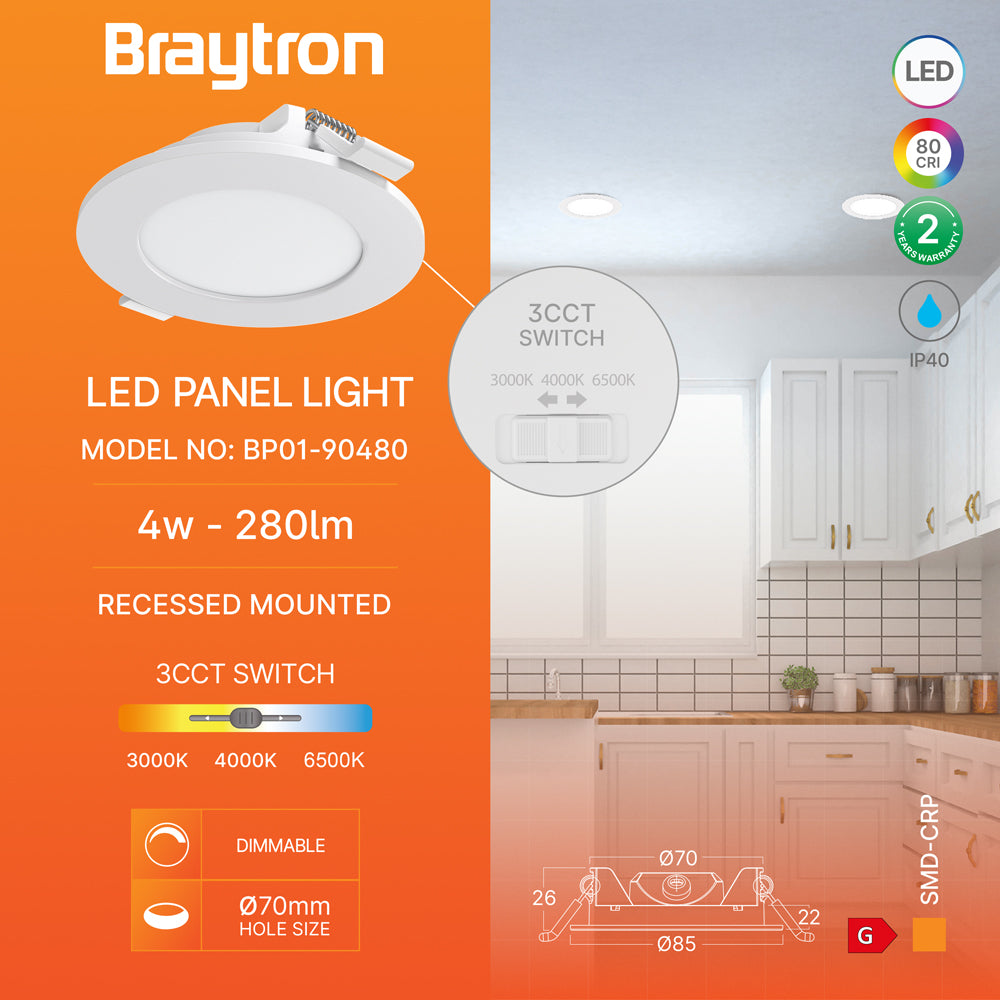 Braytron 4W LED Panel Dimmbar Einbauspot Einbaustrahler Deckenstrahler Flach IP40 CCT 3in1 280 Lumen