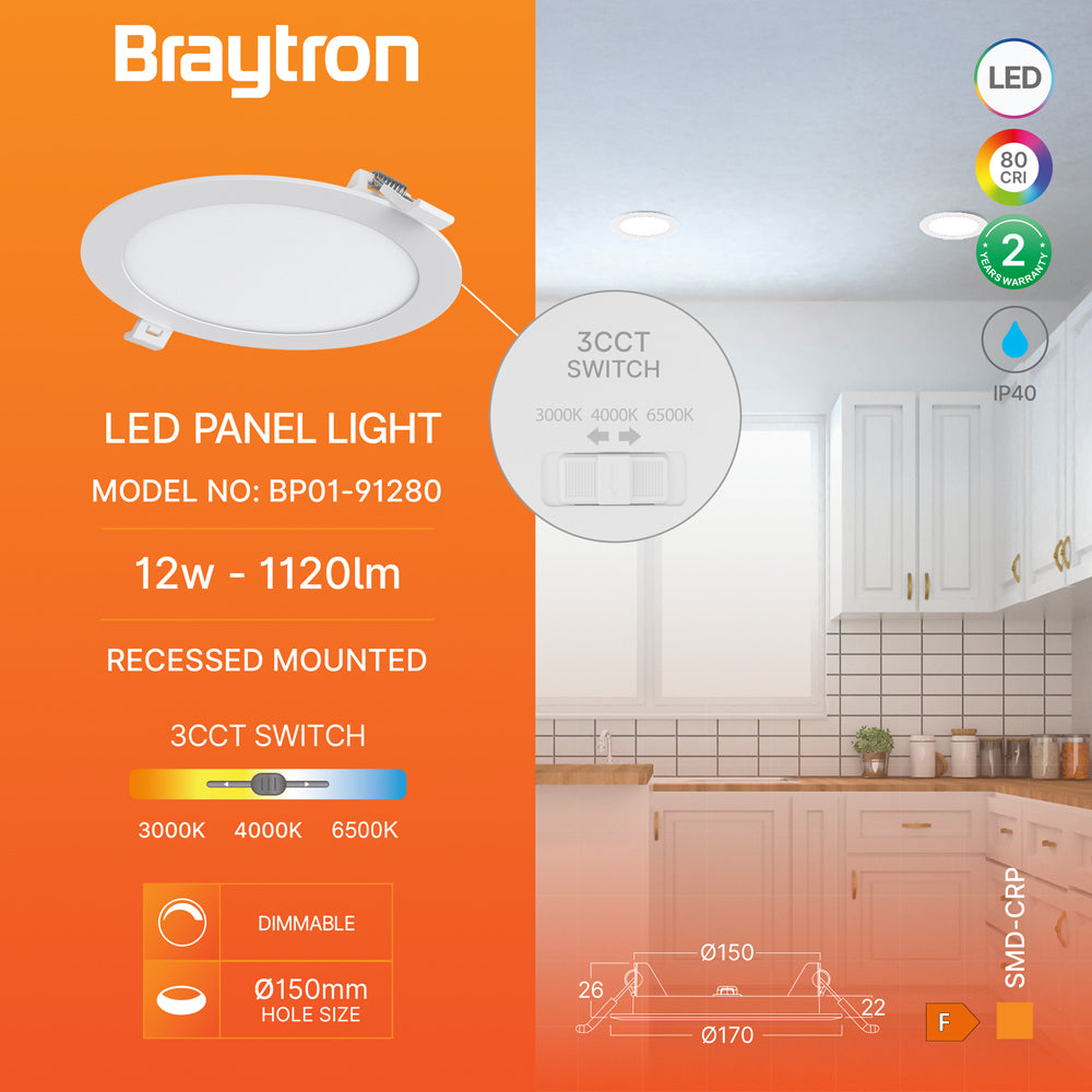 Braytron 12W LED Panel Dimmbar Einbauspot Einbaustrahler Deckenstrahler Flach IP40 CCT 3in1