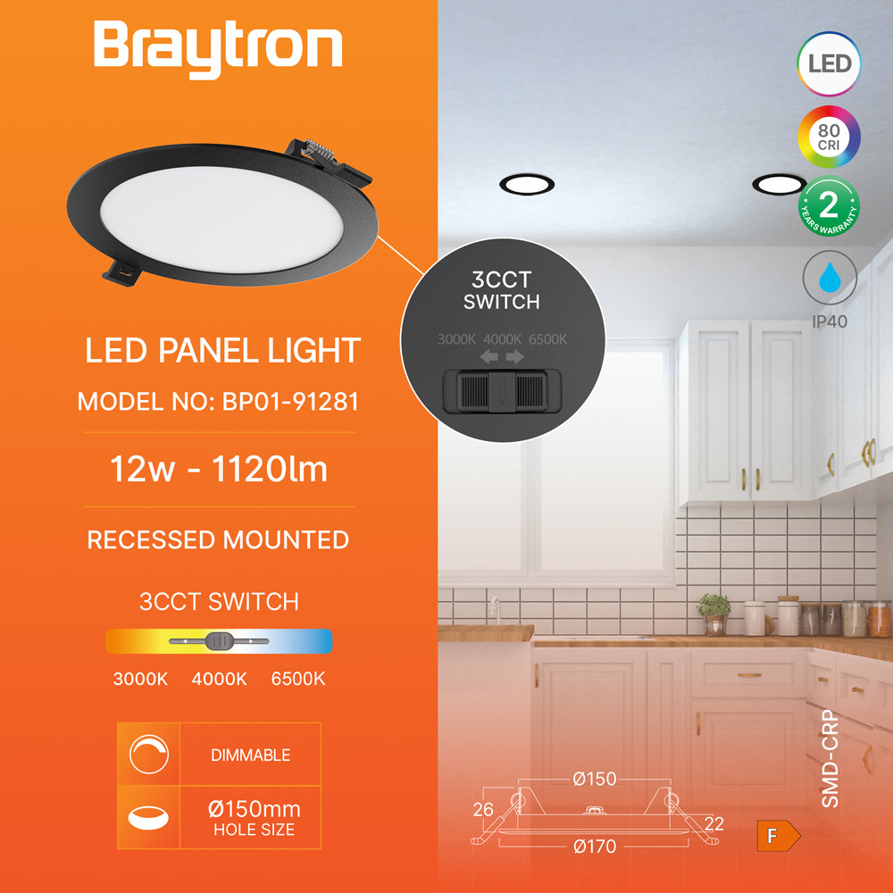 Braytron 12W LED Panel Dimmbar Einbauspot Einbaustrahler Deckenstrahler Flach IP40 CCT 3in1 schwarz
