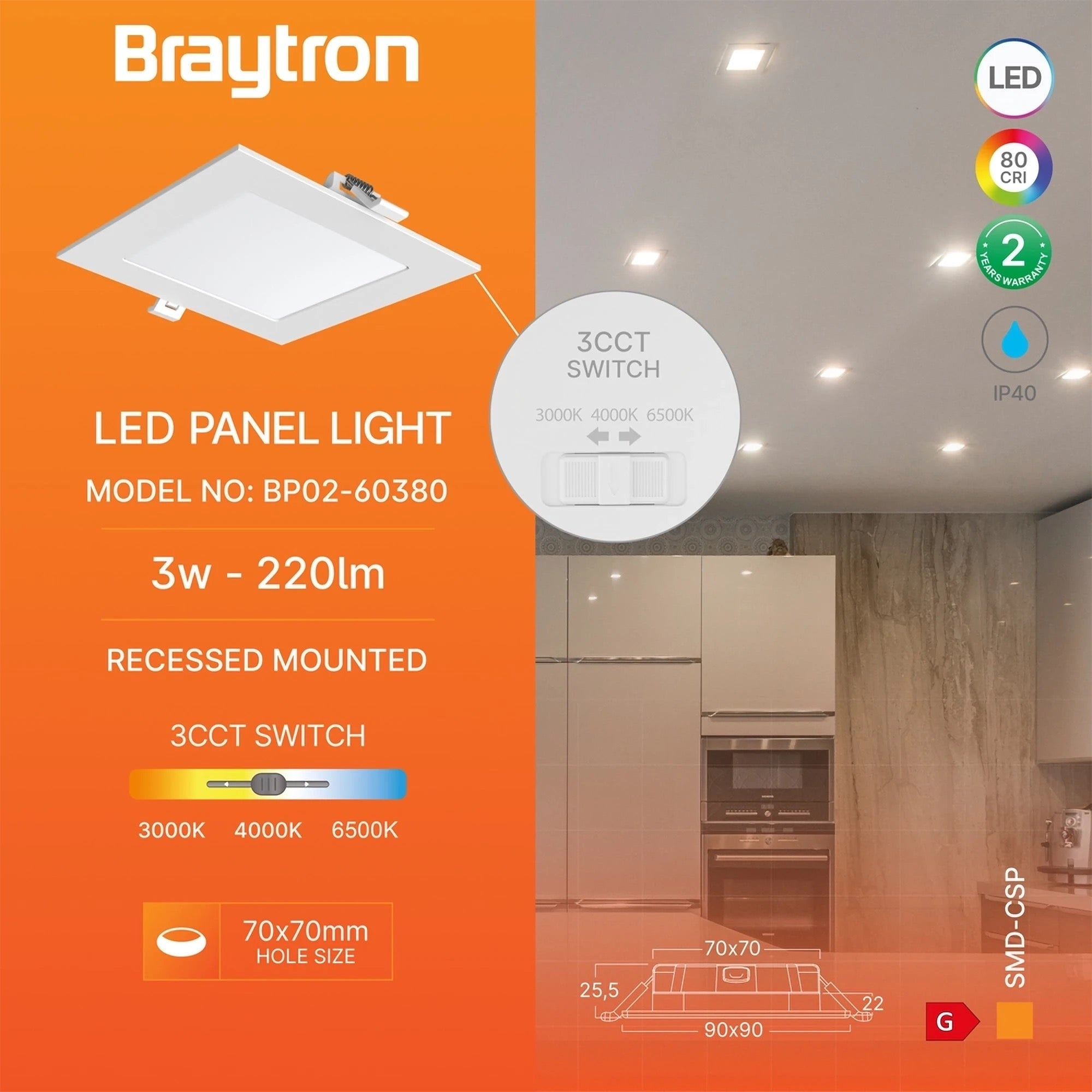Braytron LED-Einbaupanel 3W 3CCT eckig 90 mm ultraflach – Weiß