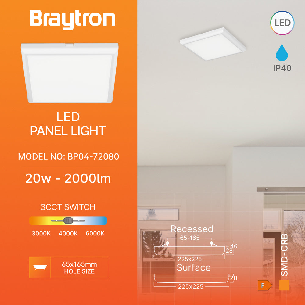 Braytron LED Panel Deckenleuchte Deckenlicht Eckig Flach 20W Wohnzimmer Kinderzimmer IP40 weiß - Bild 3