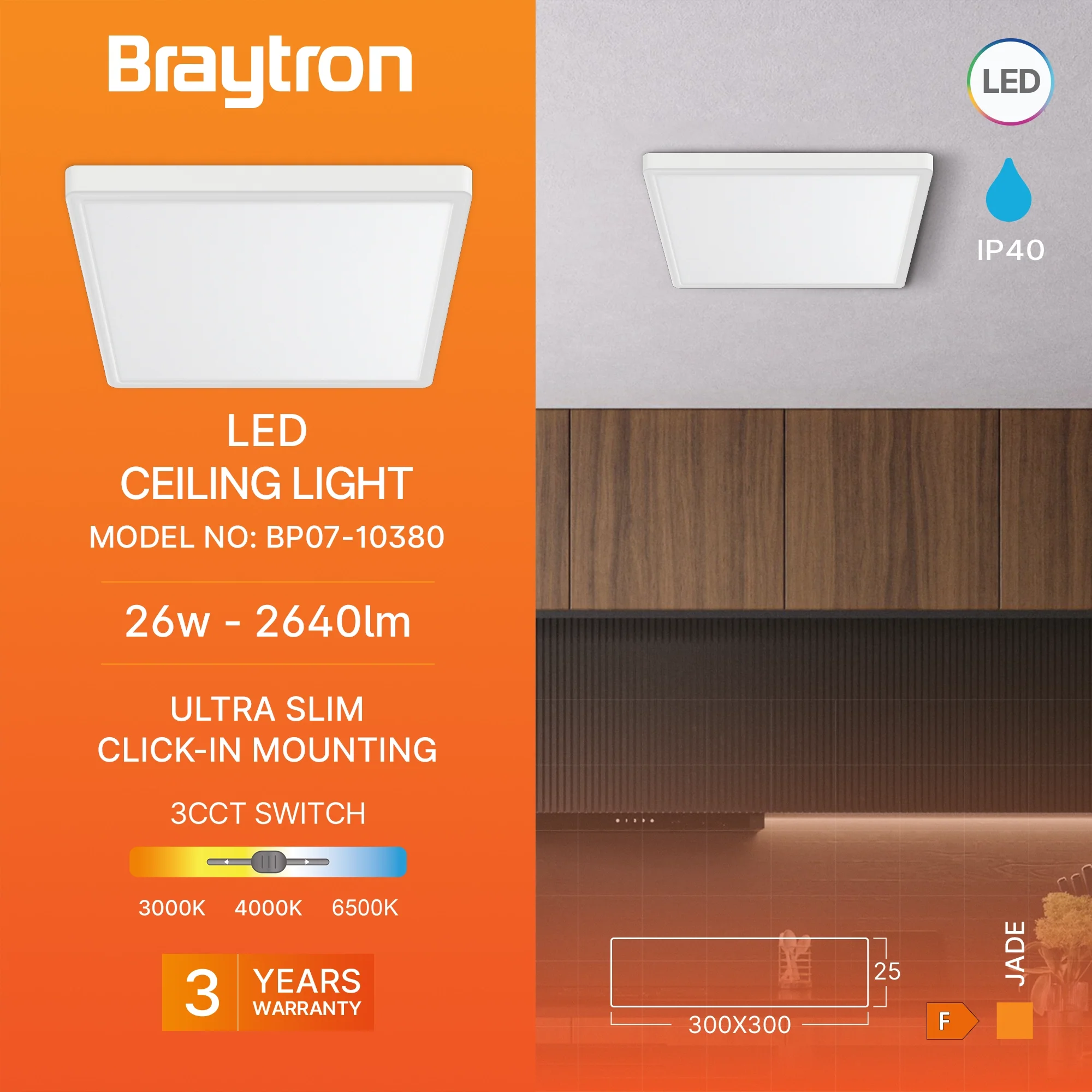 Braytron JADE LED-Deckenleuchte 26W 3CCT eckig 300×300 mm – Weiß