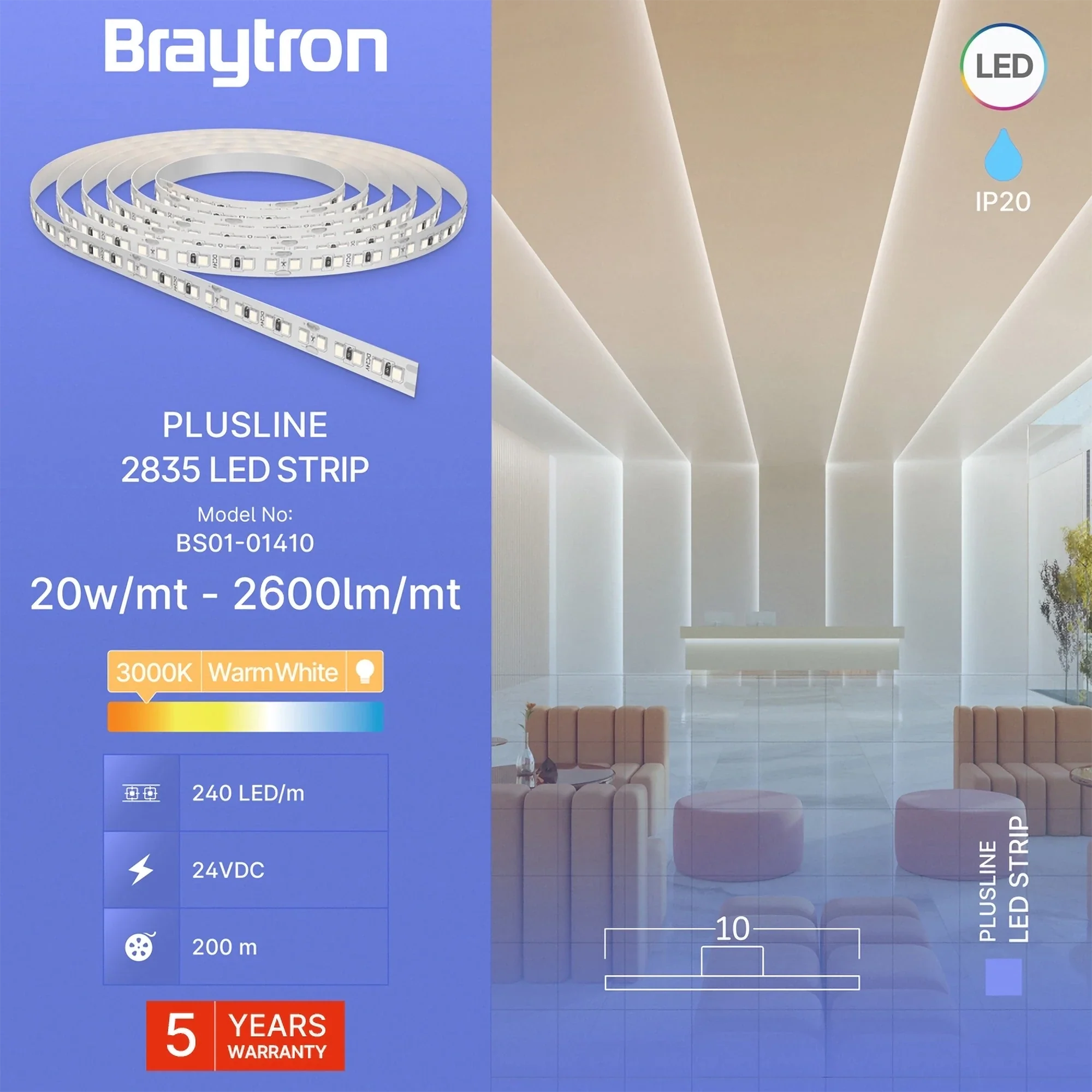 Braytron LED-Streifen 10 m 24V 20W/m 2600 lm/m 3000K selbstklebend – Warmweiß