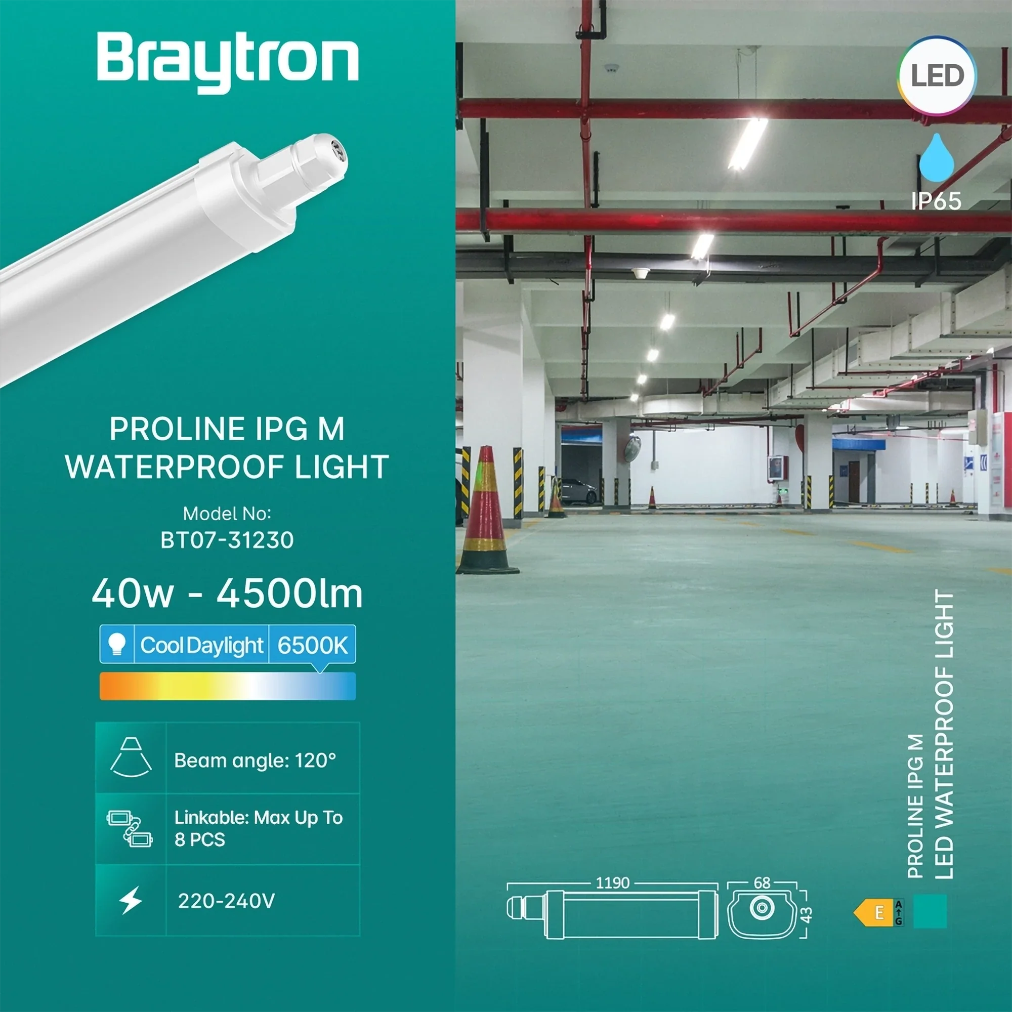 Braytron LED-Feuchtraumleuchte 40W 6500K kaltweiß 4500 lm IP65 1190 mm – Weiß