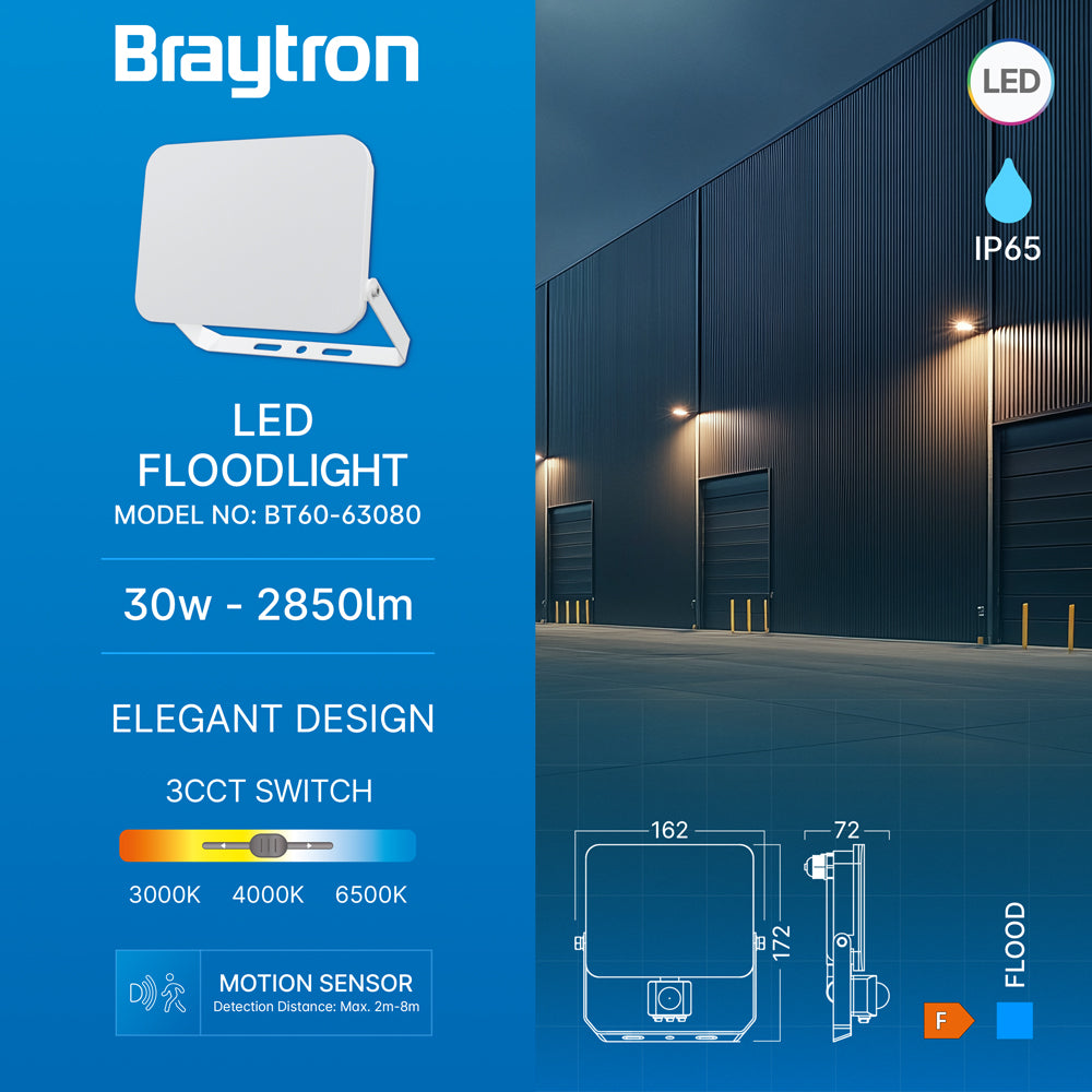 Braytron LED Außenstrahler 30W mit Bewegungsmelder – Flutlichtstrahler IP65 2850lm 3CCT Farbtemperatur (3000K/4000K/6500K), LED Gartenstrahler Wandstrahler Fluter