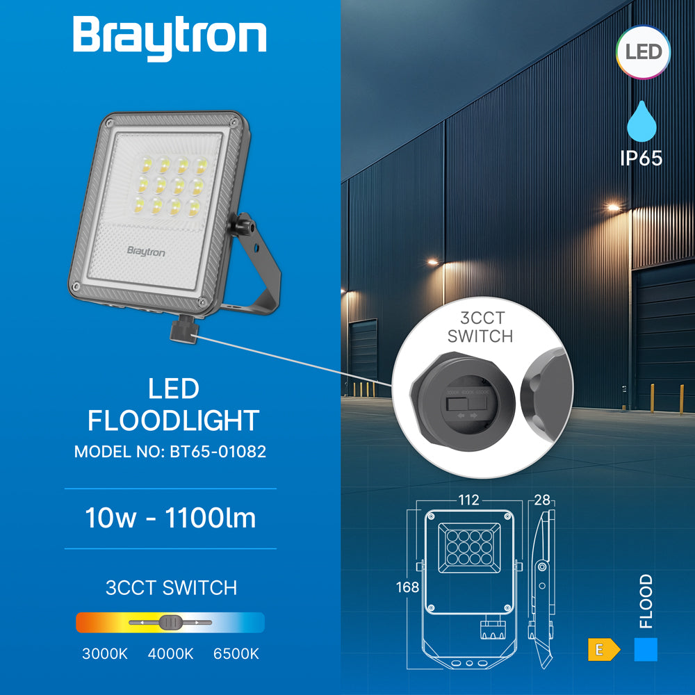Braytron LED Flutlicht Außen IP65 – LED Strahler mit 3CCT Farbwahl 3000K/4000K/6500K – Aluminium Außenstrahler 90° – Garten, Hof & Baustrahler – 10W - 300W (10, Watt)