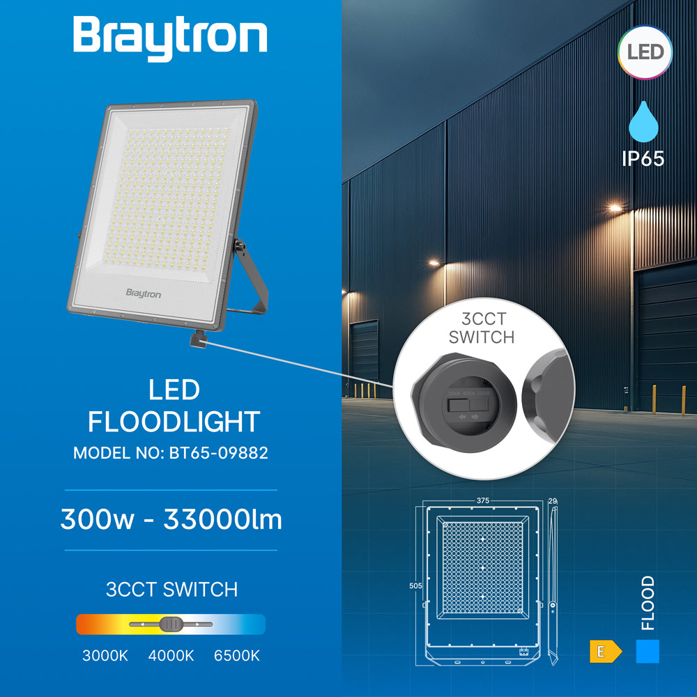 Braytron LED Strahler Außen 300W, 33000 Lumen, 3IN1 3IN1, IP65 wasserdicht, Fluter Flutlicht Außenstrahler (Grau)