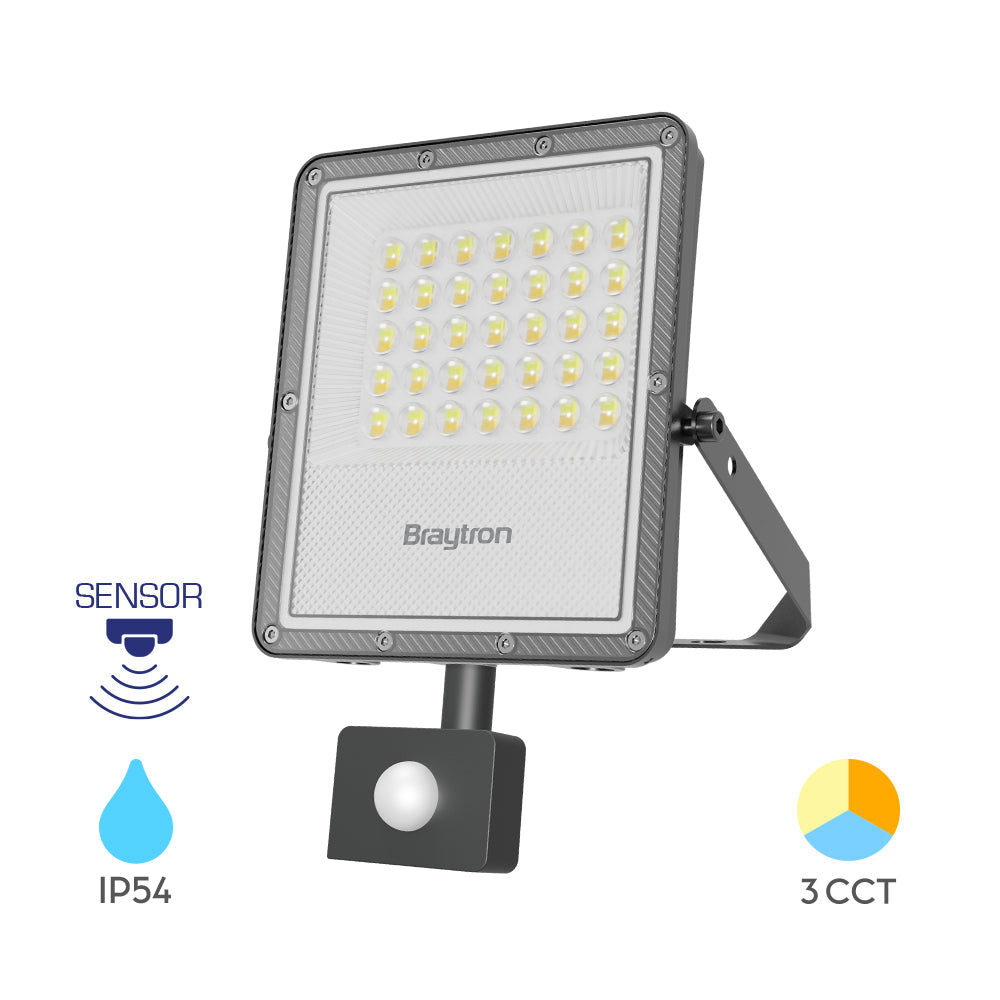 Braytron LED Flutlichtstrahler mit Bewegungsmelder 30W–50W – 3300–5500lm – Außenstrahler IP54 wasserdicht – 3CCT Farbwahl – LED Strahler für Garten, Hof, Einfahrt & Baustelle (30, Watt)