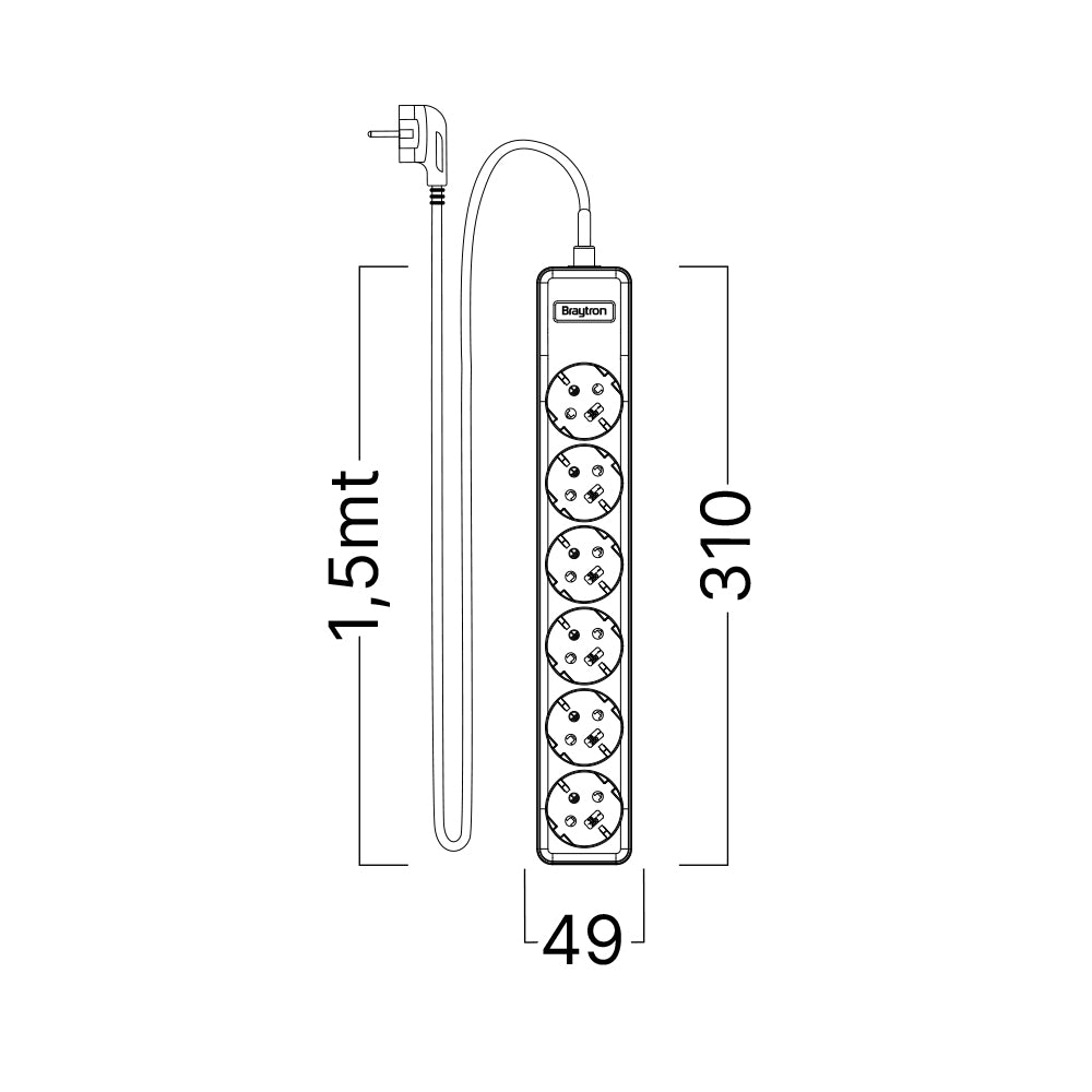 Braytron Mehrfachsteckdose 6-fach mit 1,5 m Kabel, ohne Schalter, 3680W, Kindersicherung, Steckdosenleiste mit Clip-System
