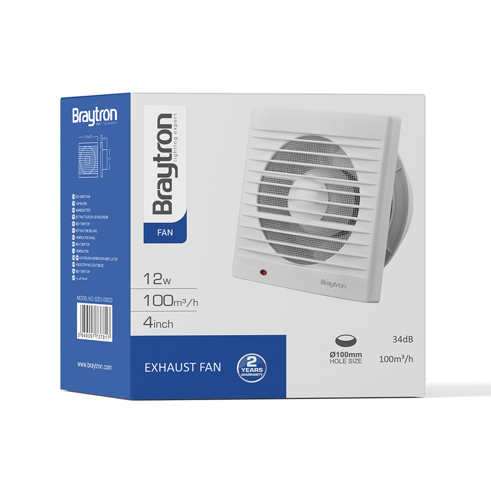 Braytron Badlüfter Wandlüfter WC Küche Ventilator Lüfter Ø100 mm Leise 34dB, 100 m³/h 12W
