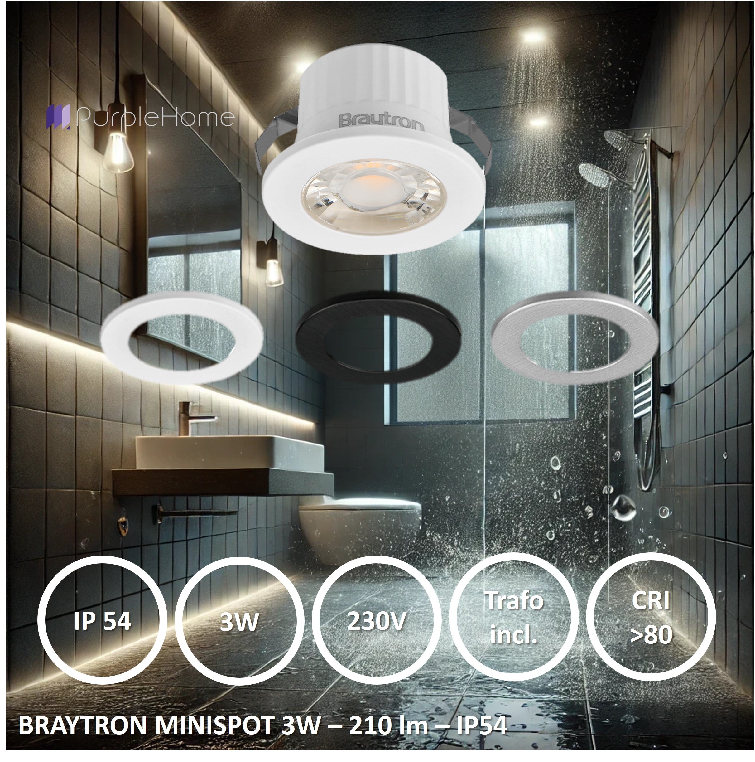 Braytron LED Minispot 3W Minileuchte, Klein, Einbauspot Einbaustrahler, Badezimmer, Küche, Wohnzimmer, inklusive 3 Blenden in schwarz, weiß. silber, IP54 230V ohne Trafo, 210 Lumen (neutralweiß 4000K)