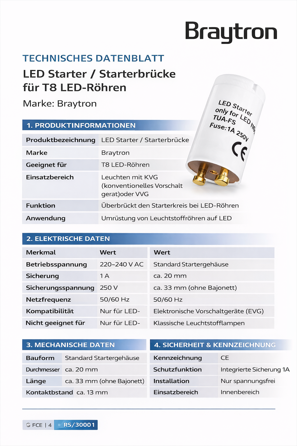Braytron LED-Röhren-Starter T8 – Starterbrücke zur Umrüstung