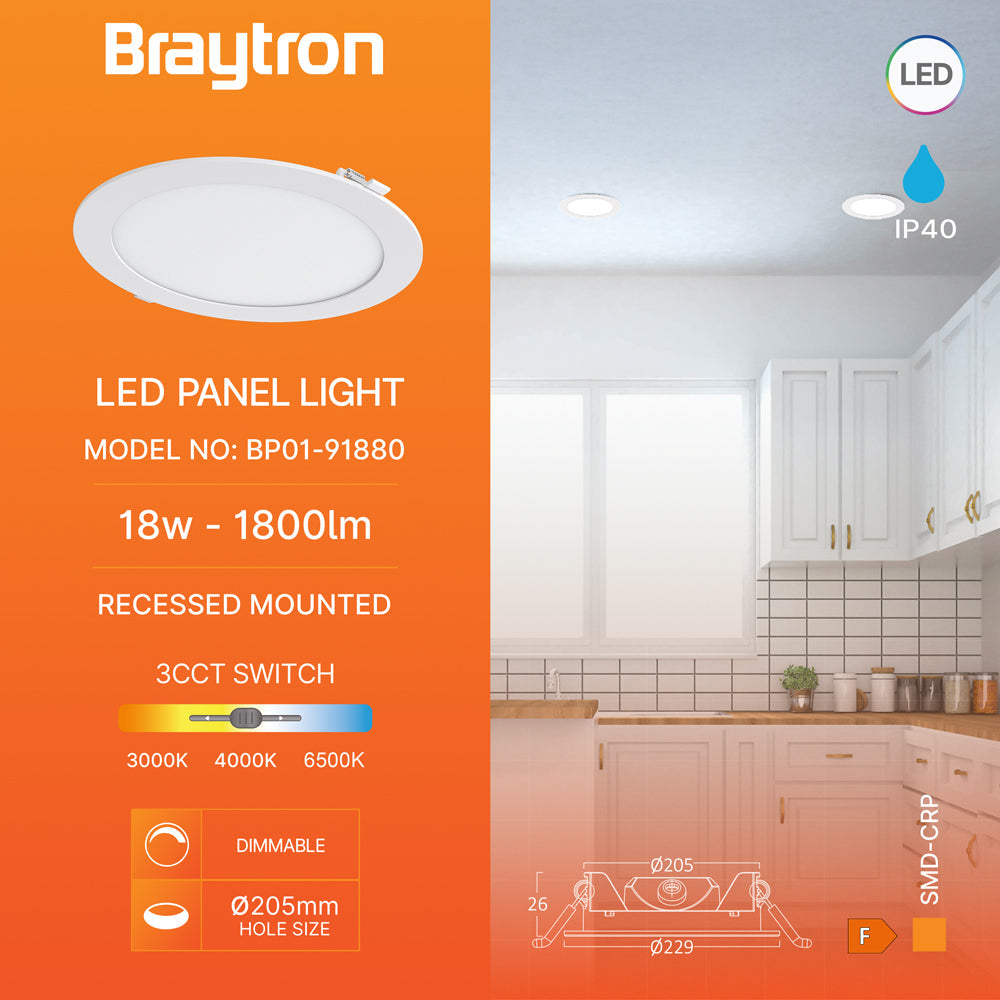 Braytron LED Einbaupanel 18W 3CCT dimmbar rund Ø229mm – Weiß