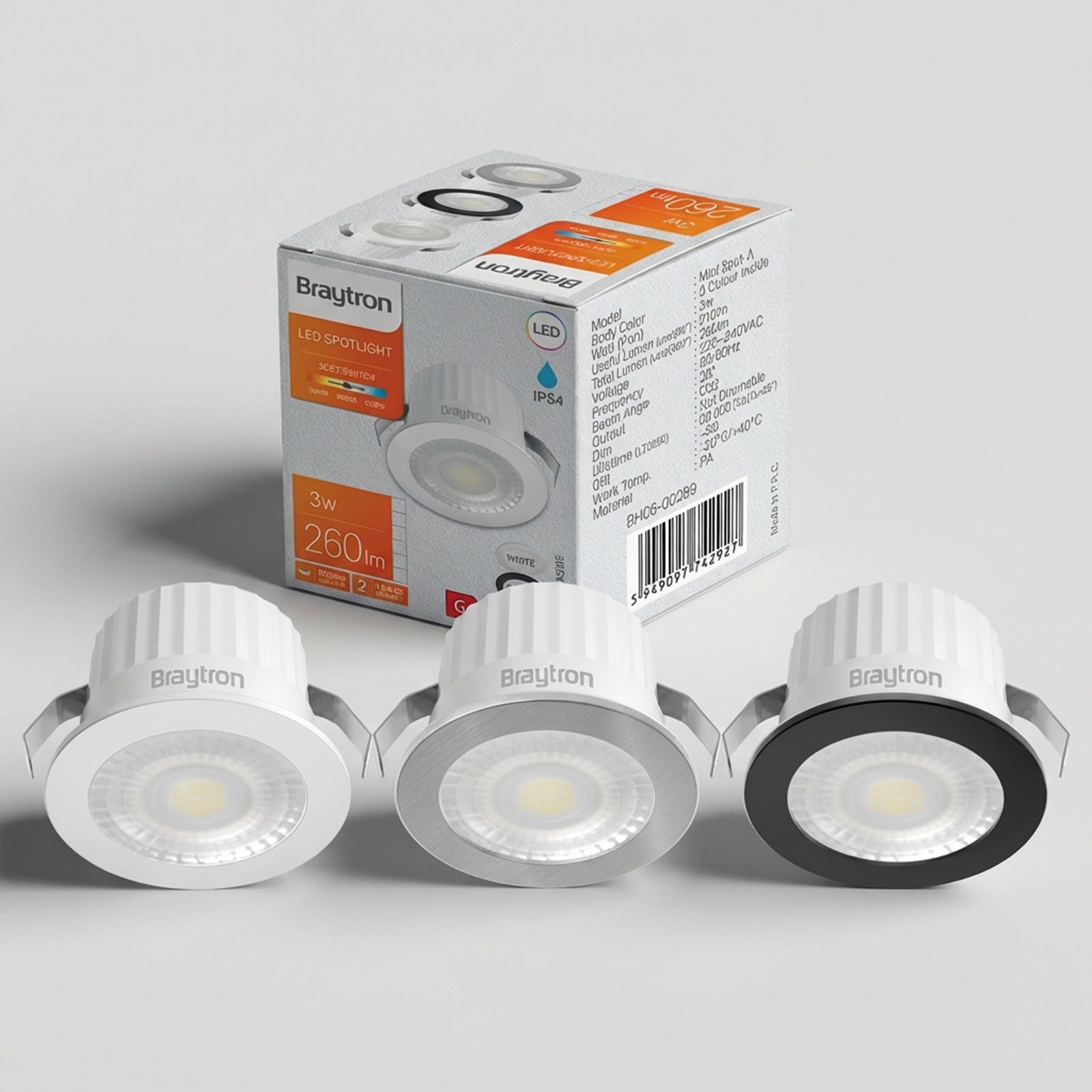 Braytron LED Mini-Einbauspot 3W 3CCT IP54 mit 3 Wechselblenden – Weiß/Silber/Schwarz