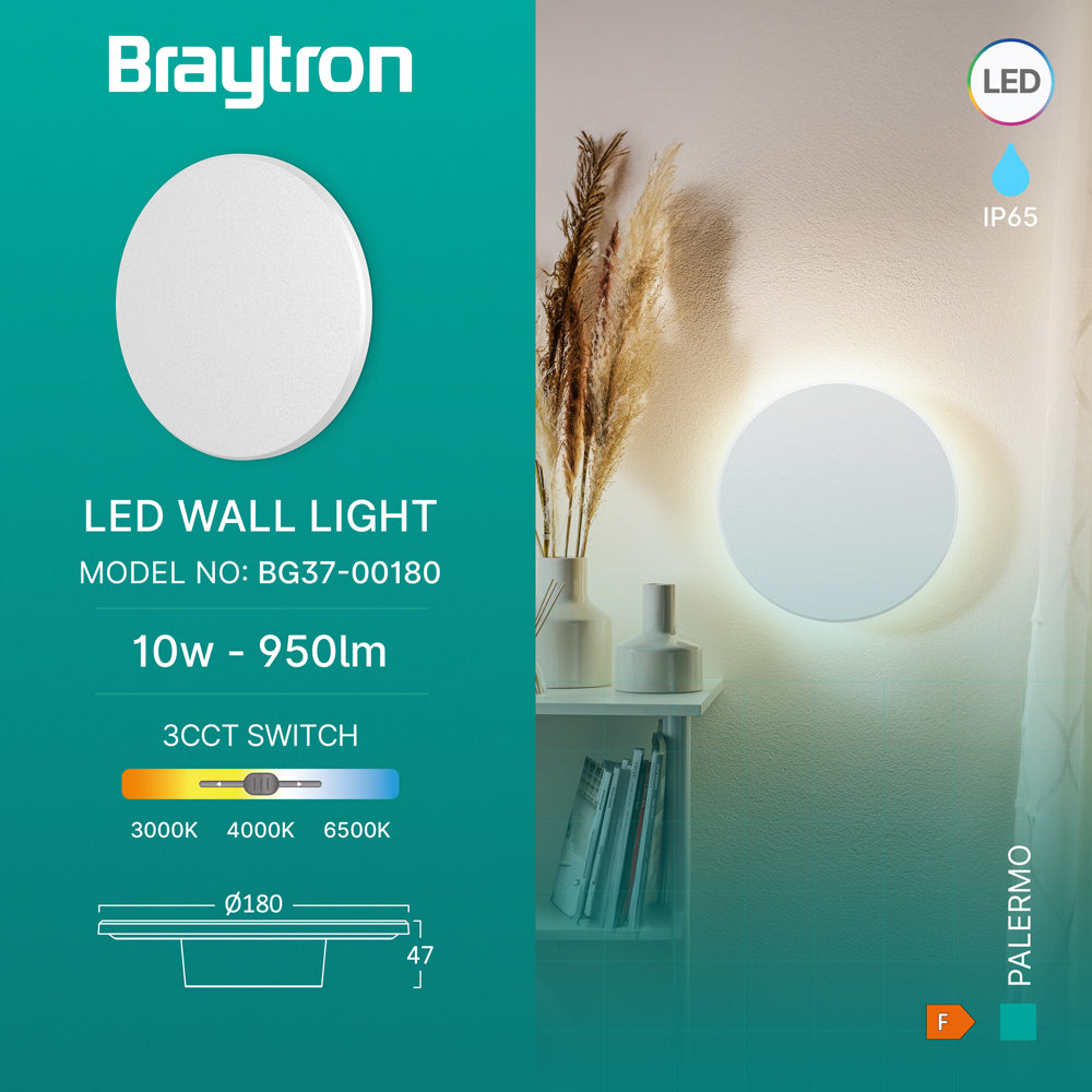Braytron Palermo LED Außenwandleuchte 10W 3CCT rund IP65 Ø180 mm – Weiß