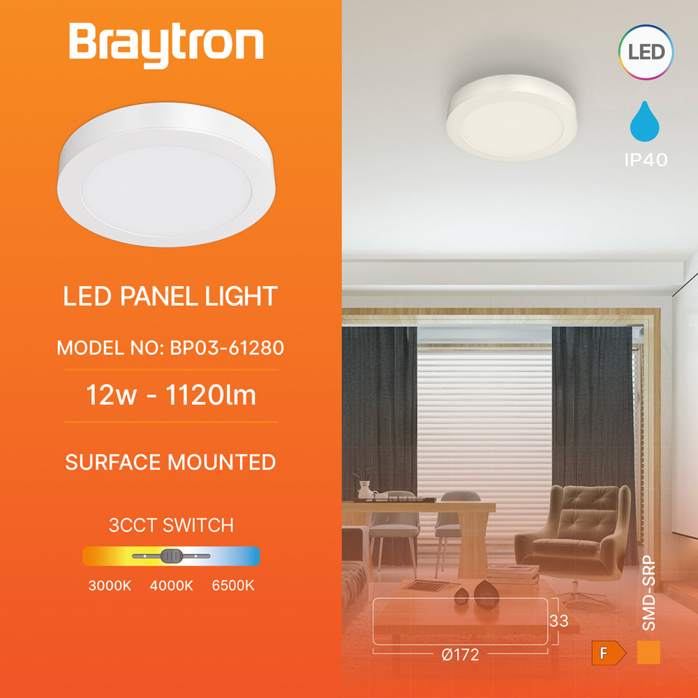 Braytron LED Aufbaupanel rund 12W 1120 lm 3CCT Ø17,2 cm – Weiß