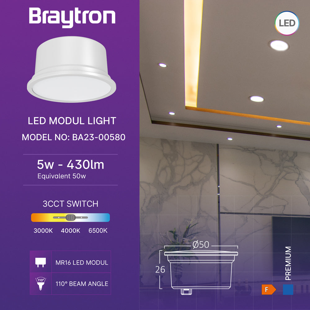 Braytron LED-Modul MR16 5W 3in1-CCT 3000–6500K umschaltbar 430 lm – Weiß
